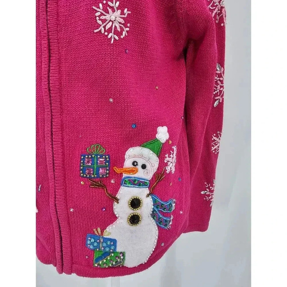 Tiara International Christmas Collection Women's XL Pink Snowman Zip Up Sweater - Picture 2 of 12
